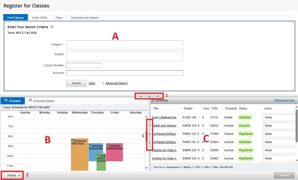 Screenshot of the "Register for Classes" screen. A, B, and C shown in red highlighting the different sections of this page.