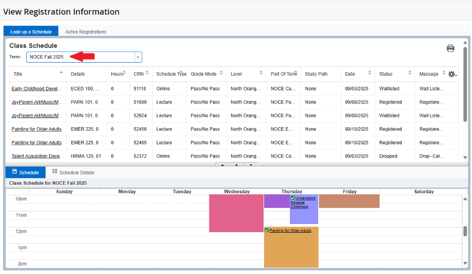 Screenshot of the "Look up a Schedule" tab. Red arrow pointing to term selection option.