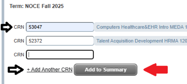 Screenshot of the CRN text boxes with a red arrow pointing to the "Add to Summary" button.