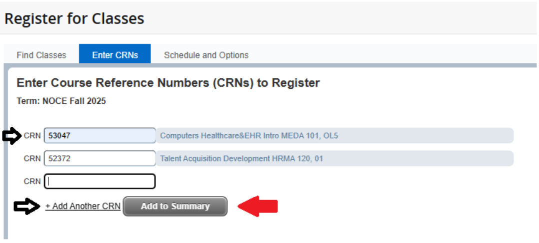 Screenshot of the CRN text boxes with a red arrow pointing to the "Add to Summary" button.