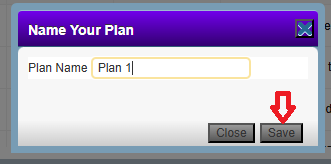 Screenshot of the "Plan Name" area with a red arrow pointing to the save button.