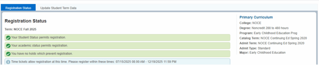 Screenshot of "Registration Status" screen".