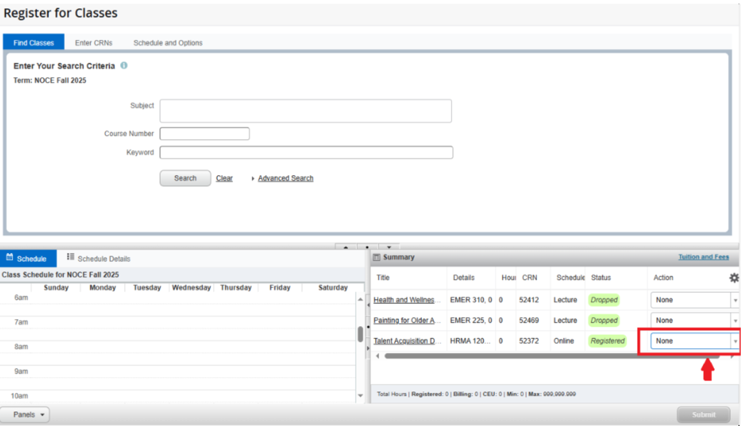 Screenshot of "Register for Classes" page, with a red arrow pointing to the "Action" box which states "None".