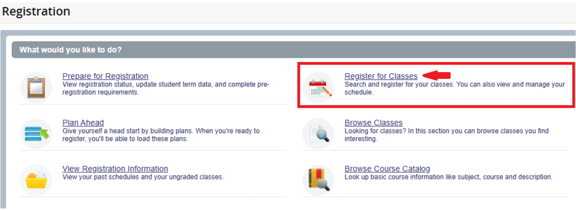 Screenshot of Registration page of Webstar with a red arrow pointing to the "Register for Classes" option.