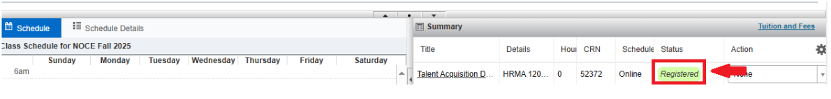 Screenshot of "Summary" section with a red arrow showing change of status to "Registered".