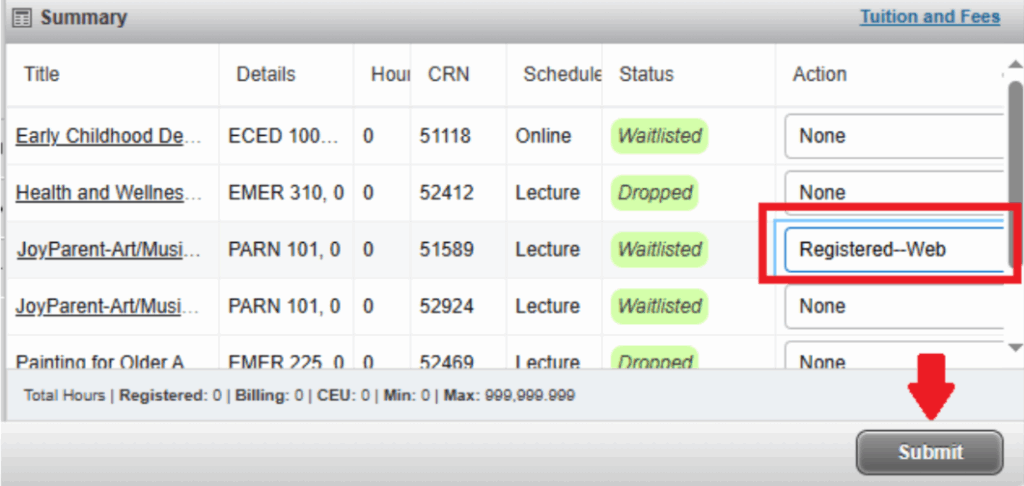 Screenshot of "Summary" section showing action column with "Registered-Web" circled and a red arrow pointing to the "Submit" button.
