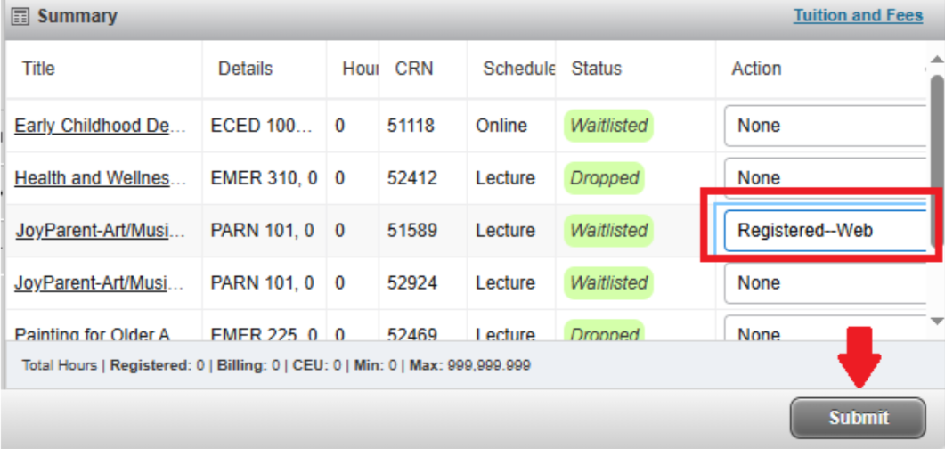 Screenshot of "Summary" section showing action column with "Registered-Web" circled and a red arrow pointing to the "Submit" button.