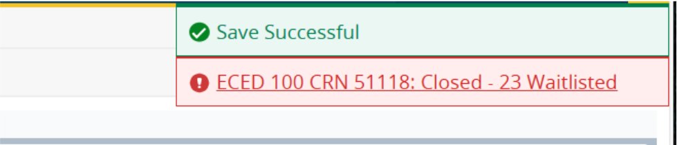 Screenshot of message showing that class is "Closed" but has an available waitlist.
