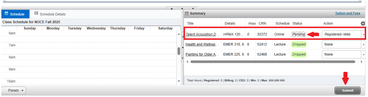 Screenshot of the "Summary" of classes with a red arrow pointing to the pending status and another red arrow pointing to the "Submit" button.