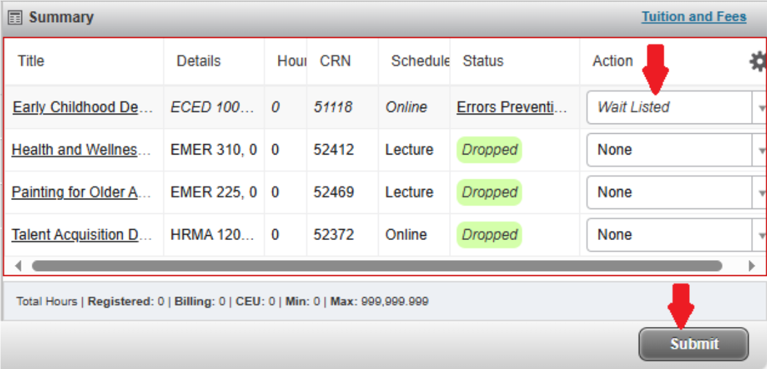 Screenshot shot of red arrow pointing to the "Wait LIsted" option under the action column. And a red arrow pointing to the "Submit" button.