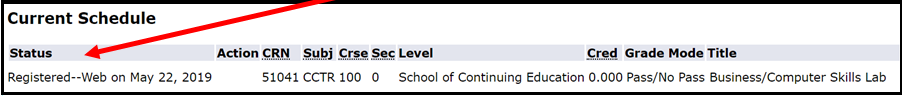 Screenshot of the "Current Schedule" section with a red arrow pointing to the "Status" column.