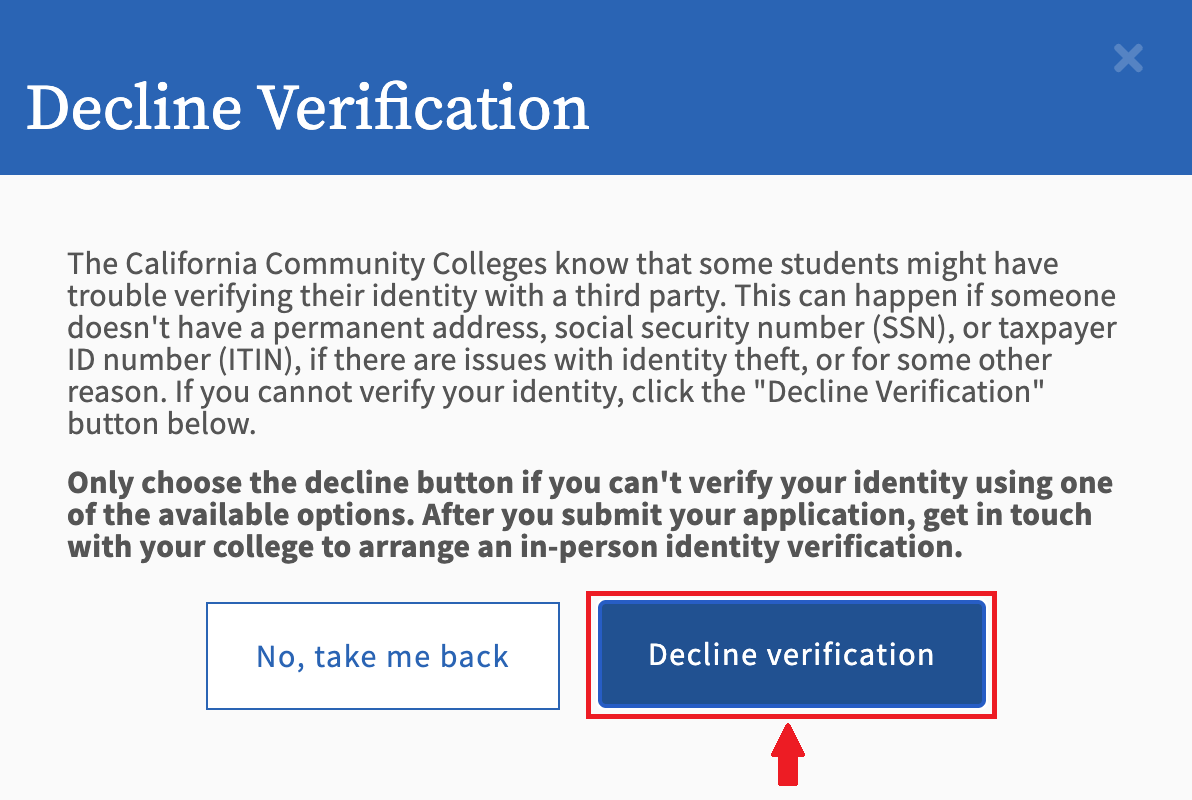 Screenshot of decline verification pop up. Red arrow pointing to "Decline verification" button.
