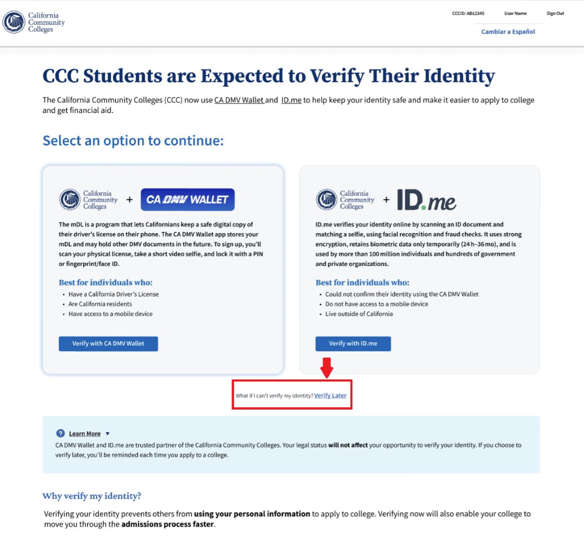 Screenshot of identity verification page. Red arrow pointing to "what if I can't verify my identity with ID.me?"