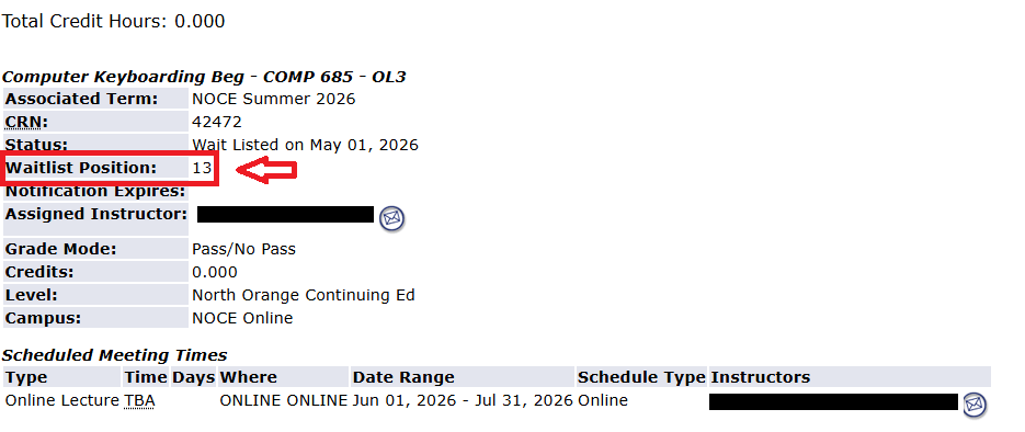A screenshot of mygateway showing what position number you are in the waitlist of a class.