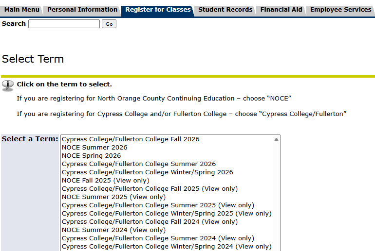 A screenshot of the select term menu in mygateway