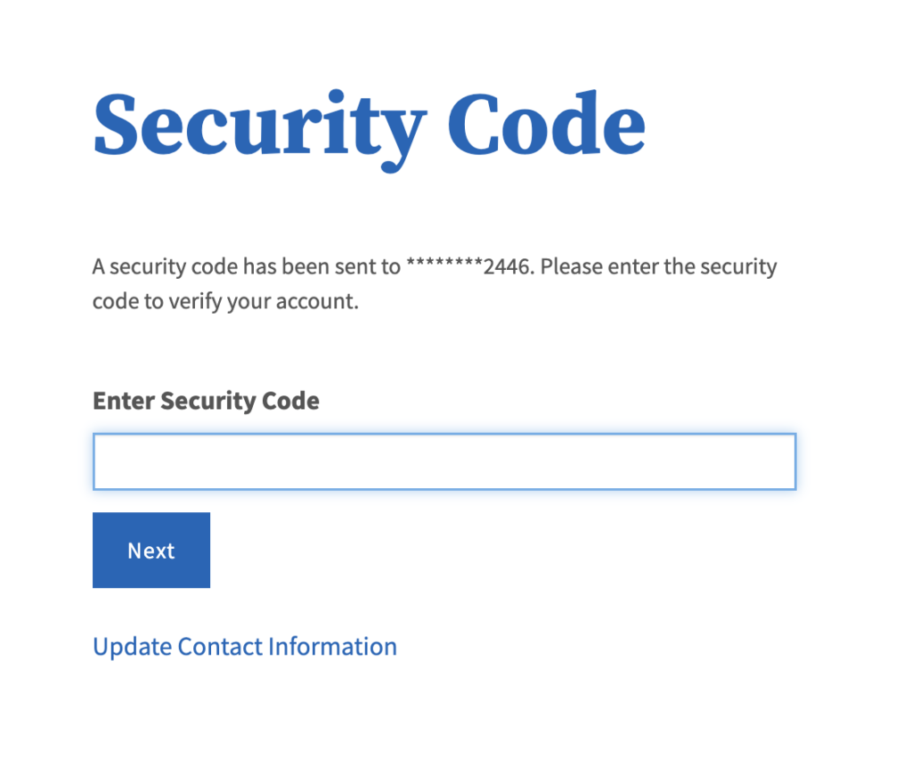 Screenshot of security code page. 