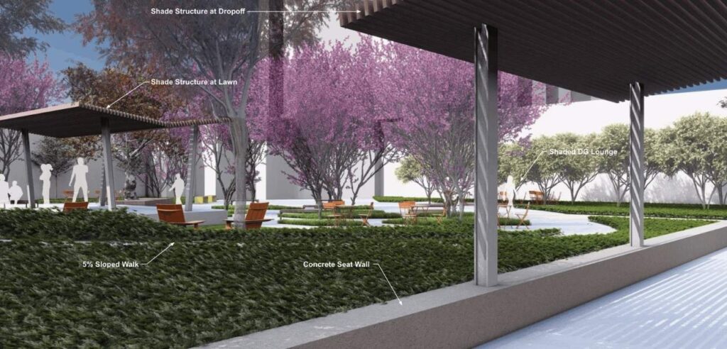 Renders of how the new space will look. This render is showing benches, seating area, shade structure at lawn, and sloped walk way.