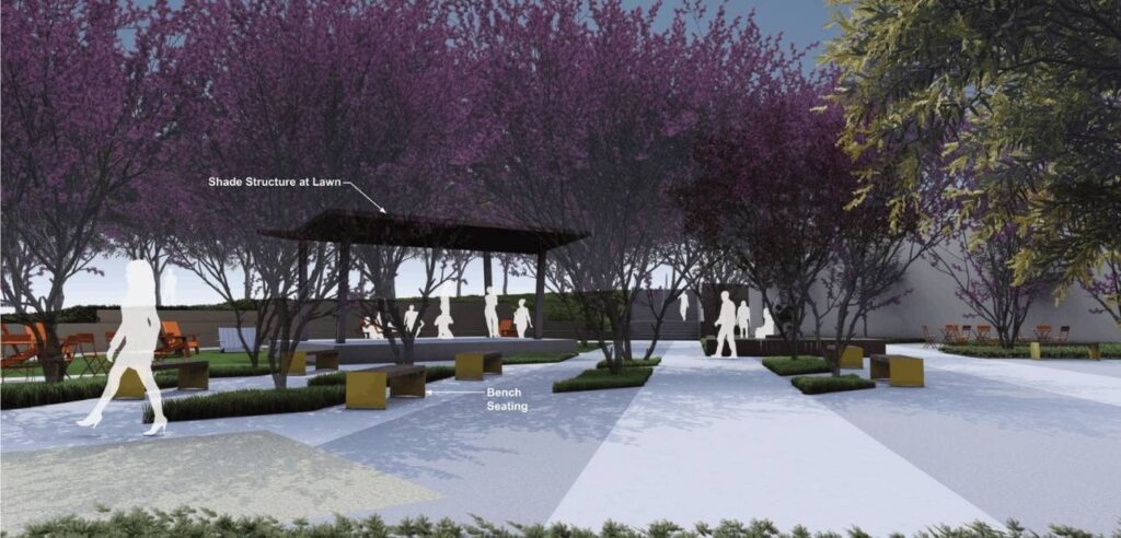 Renders of how the new space will look. This render is showing benches, seating area, shade structure at lawn, and trees.