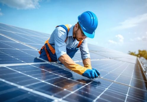 A solar panel technician working on installing solar panels on a roof.