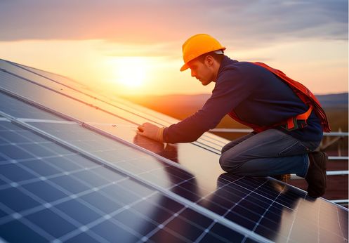 A solar panel technician working on some maintenance on a solar panel on a roof.