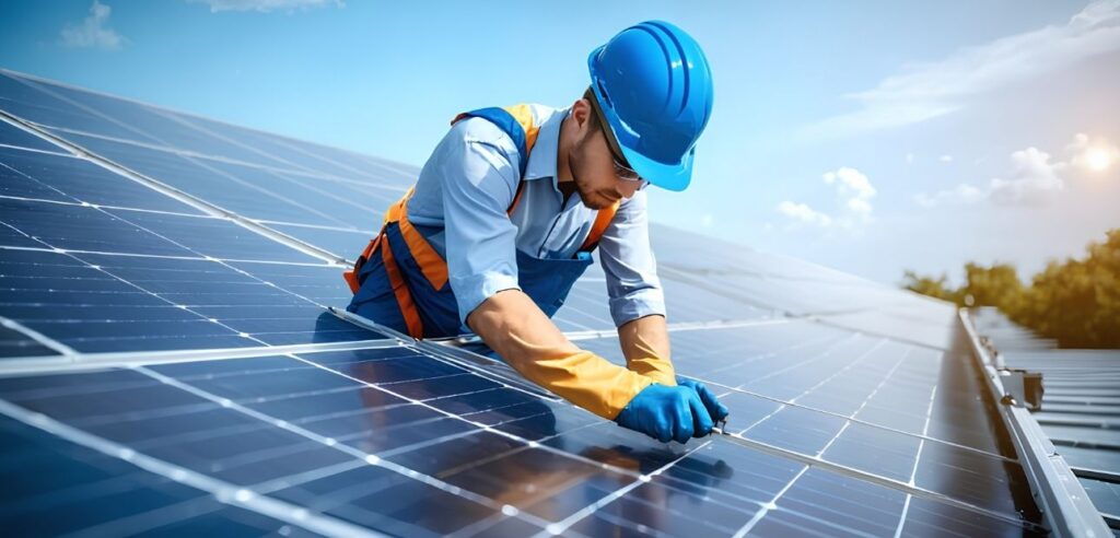A solar panel technician working on installing solar panels on a roof.