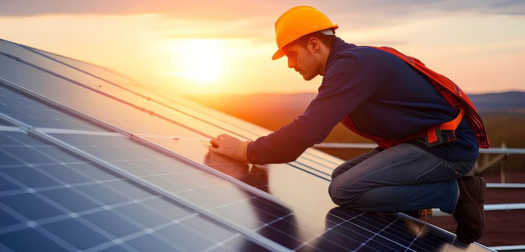 A solar panel technician working on some maintenance on a solar panel on a roof.