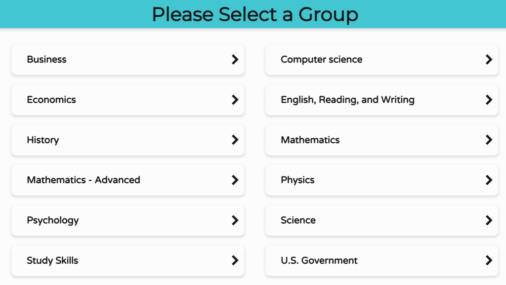 A screenshot of NetTutor subject groups screen