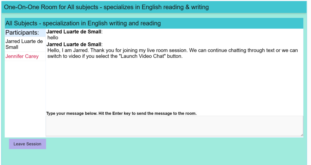 A screenshot of NetTutor's lobby text chat screen