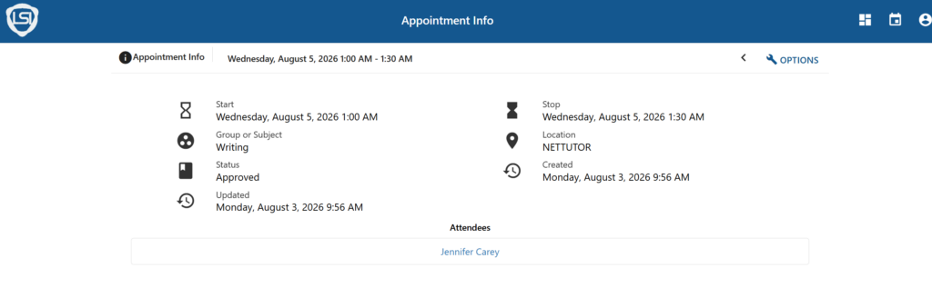 Appointment information screen with all the appointment details listed. The Options has a wrench icon before the word Options.