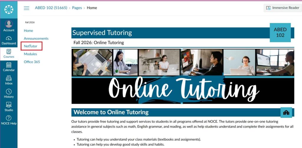 A screenshot of Canvas ABED 102 home page with a red square around NetTutor
