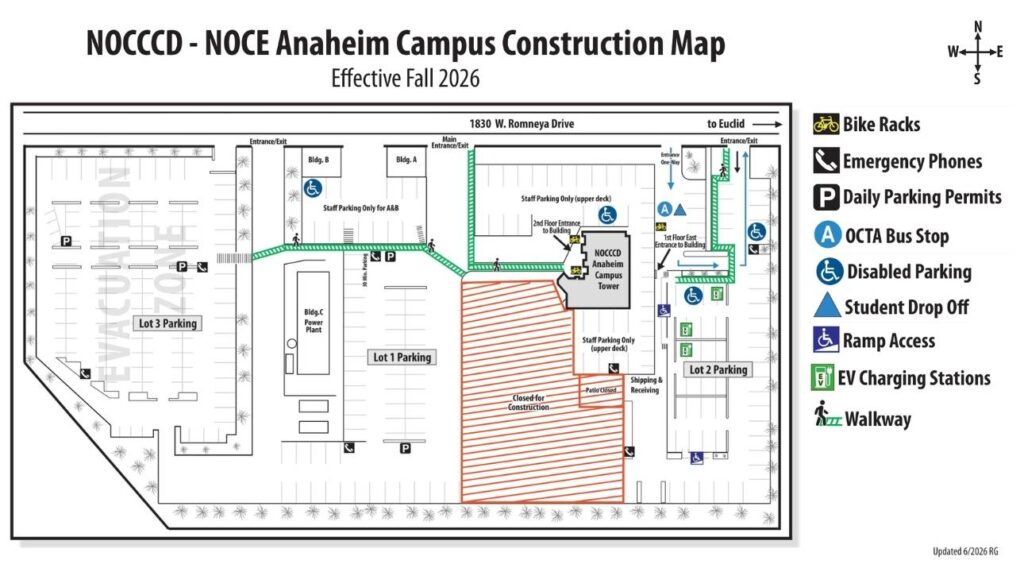 Most current NOCE Anaheim Campus map. Showing where the construction area is, and where the new student drop off area will be.