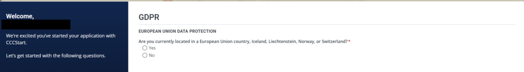 Screenshot of the GDPR page in CCCStart.