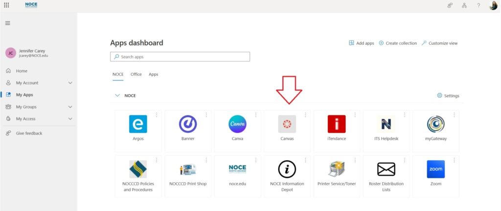 A screenshot of NOCE MyApps dashboard with a red arrow pointing to the Canvas tile.