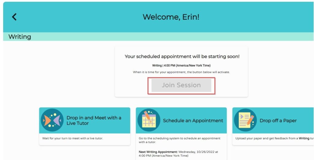 Appointment information screen with all the appointment details listed. With a big Join Session button in the middle.