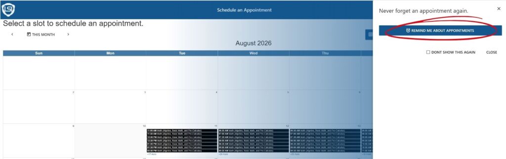 A screenshot of the schedule app with a red circle around the remind me about appointments button.