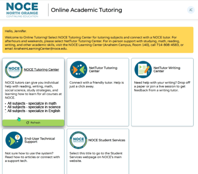 A screenshot of NetTutor dashboard with all the tutoring centers and options.