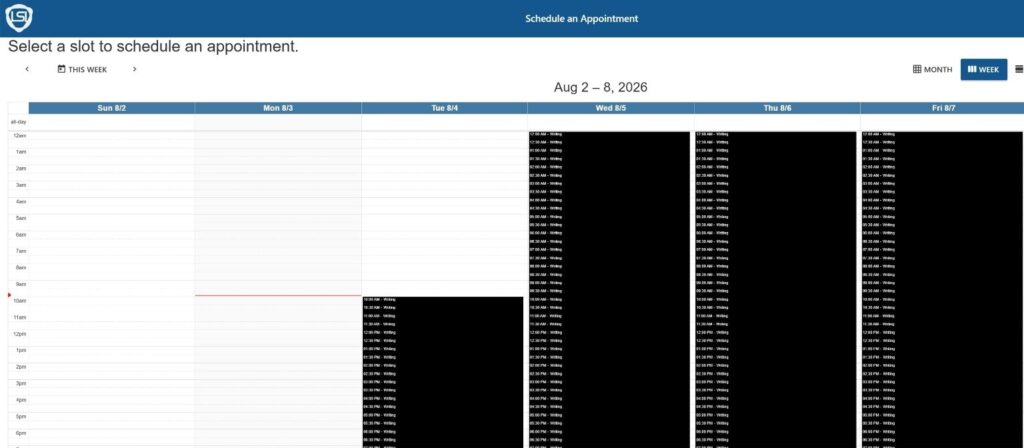 The schedule appointment screen with all the available time slots in black.