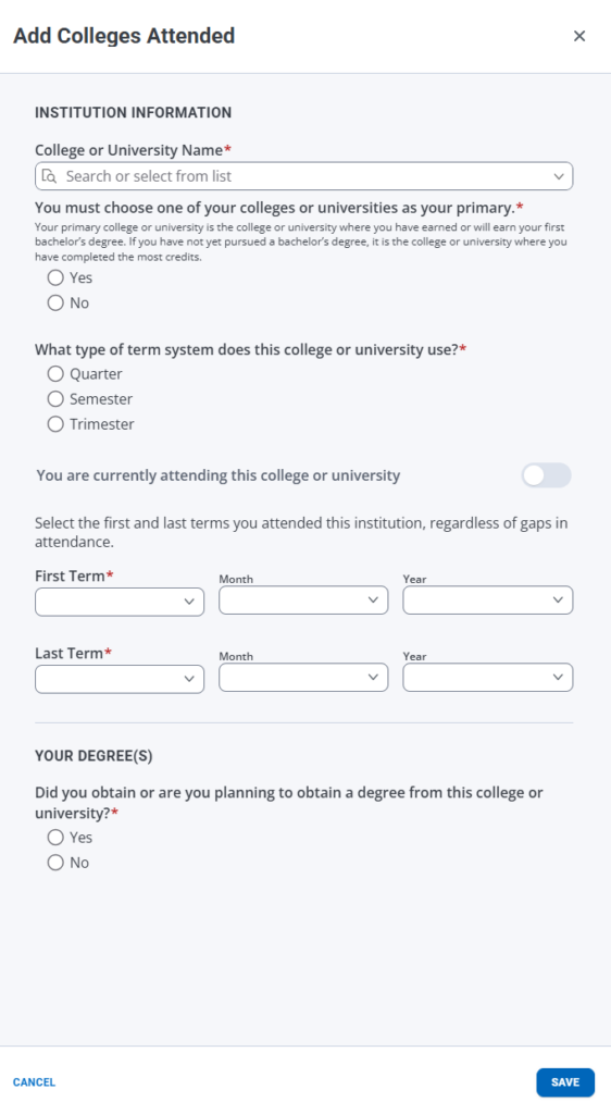 Screenshot of the add colleges attended page.