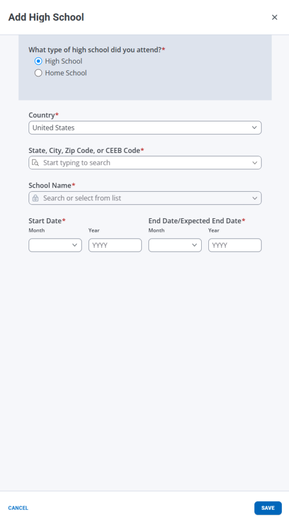 Screenshot of the add high school page.