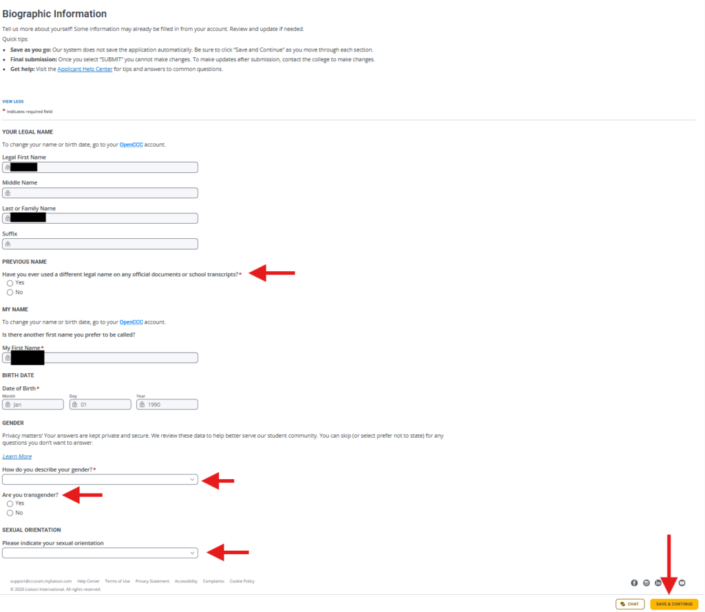 Screenshot of the biographical information page.