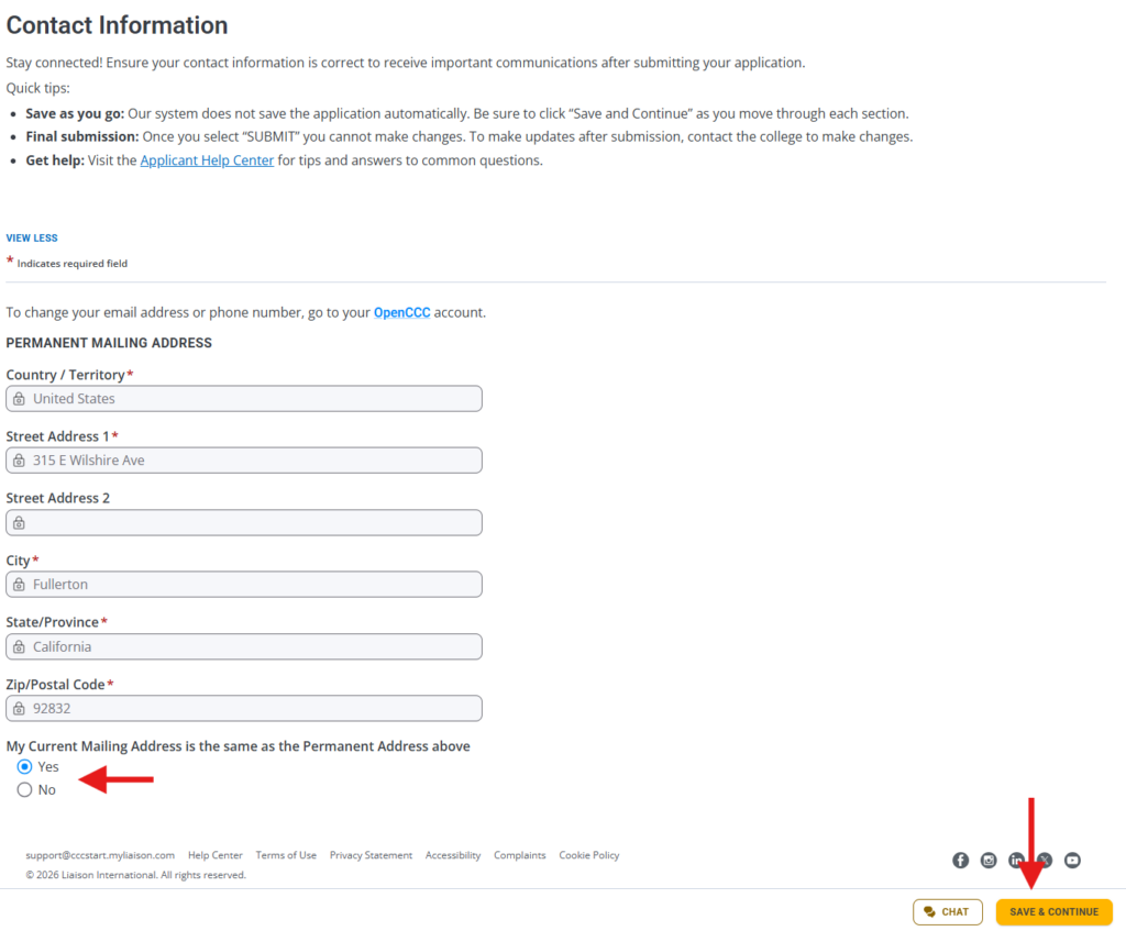 Screenshot of the Contact Information page.
