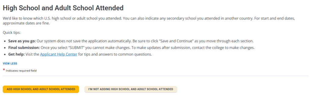 Screenshot of the high school and adult school attended page.