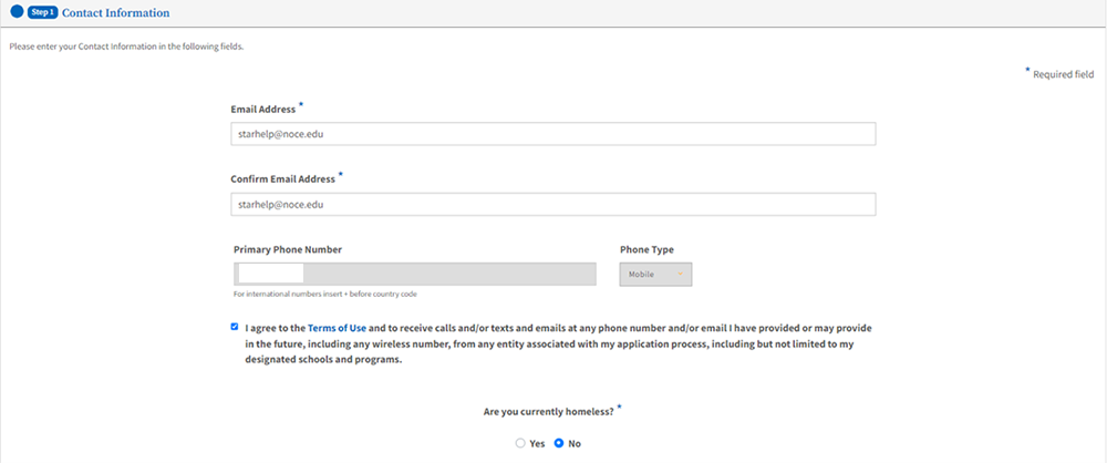 Screenshot of the Contact Information section of the OpenCCC Account Create page. 
