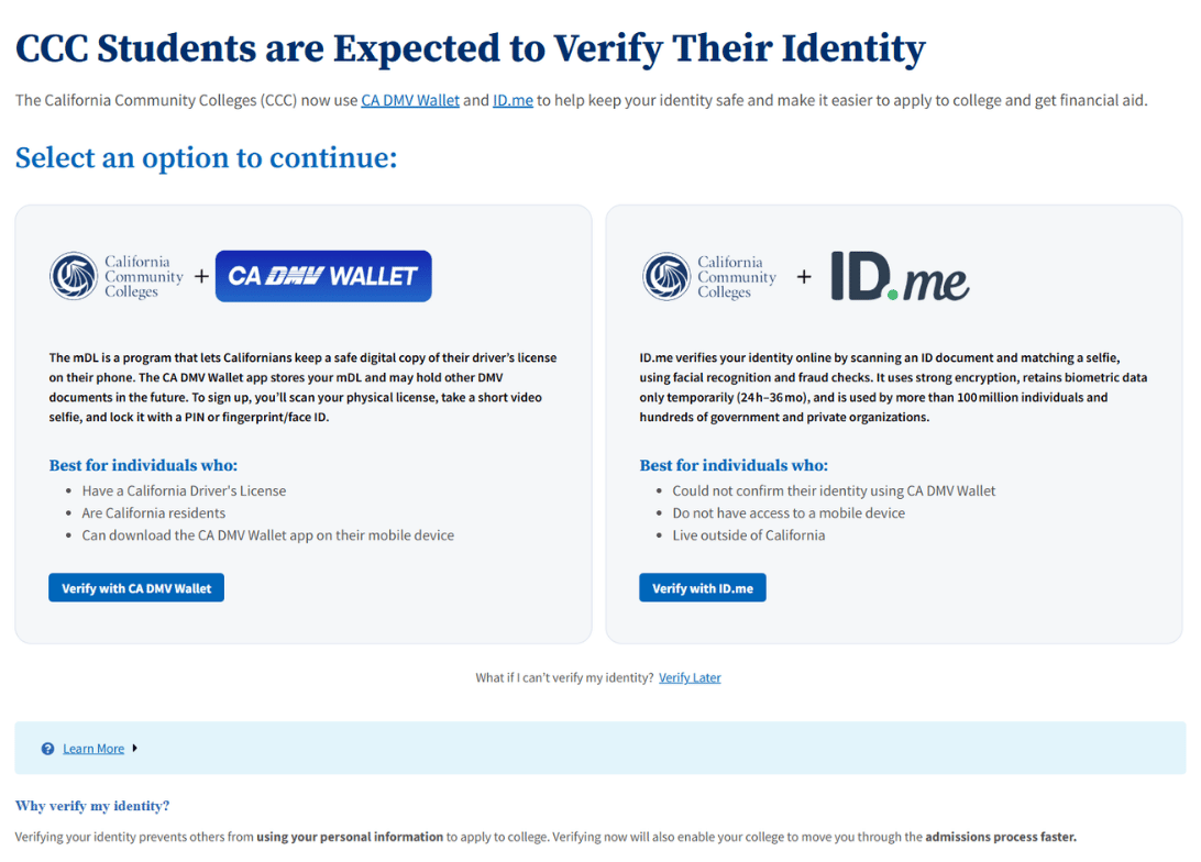 A screenshot of CCC Start's options to verify your identity