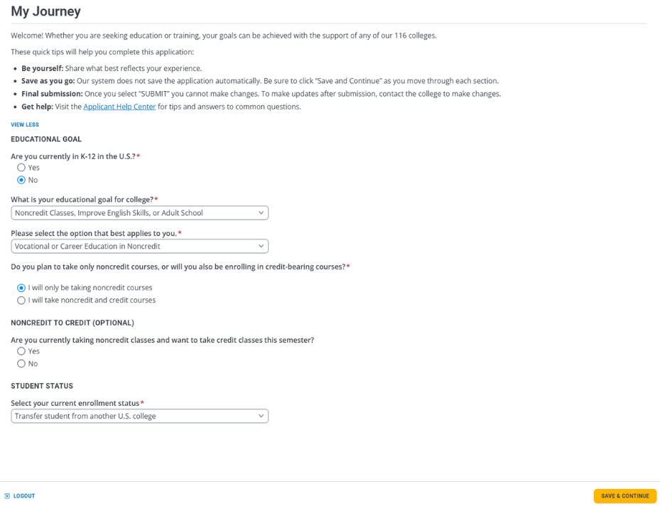 A screenshot of the CCCStart "My Journey" questions that guide you to the NOCE Application.