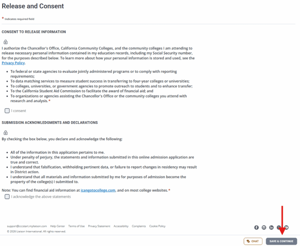 Screenshot of the release and consent page.
