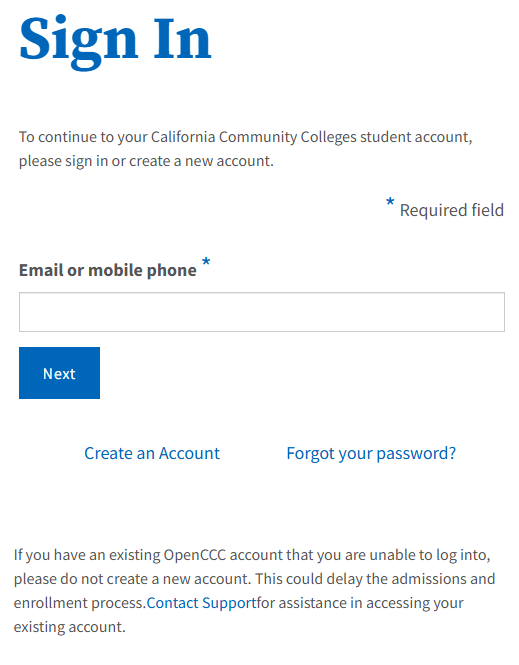 Screenshot of the "Sign In" page of OpenCCC