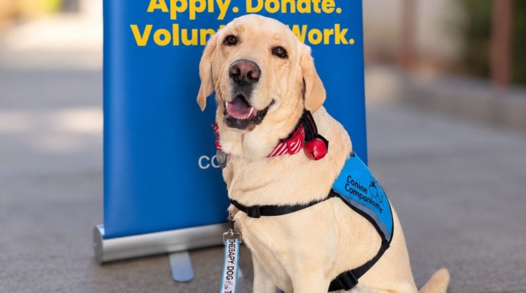 A golden labrador retriever sitting for a photo, wearing a bright blue harness and leash, with a blue “Canine Companions” vest.