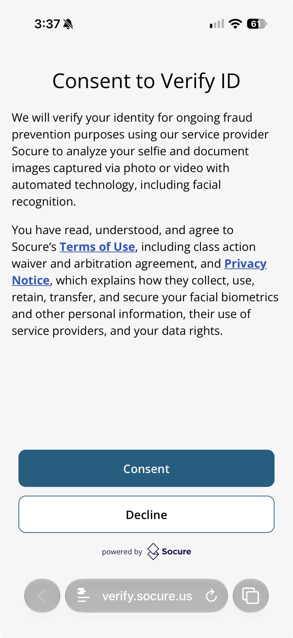Screenshot of Consent to Verify ID page. 